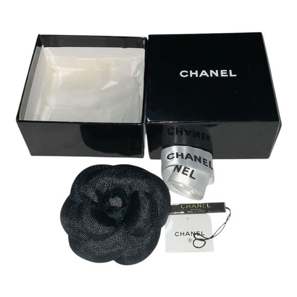 CHANEL Camellia Brooch Corsage Black Organza W/ Box and Ribbon - Picture 1 of 10